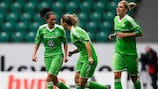 Selina Wagner (left) celebrates putting Wolfsburg ahead in the semi-final second leg against Arsenal