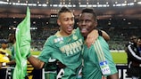 Pierre-Emerick Aubameyang and Kurt Zouma celebrate St-Étienne's League Cup success