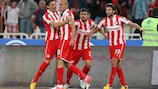 Rafik Djebbour celebrates scoring Olympiacos' second goal