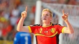 Kevin De Bruyne celebrates scoring Belgium's opener