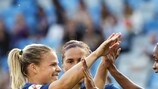 Eugénie Le Sommer celebrates her goal against Russia with Camille Abily (centre) and Élodie Thomis (right)