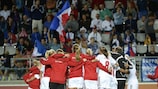 Denmark celebrate their dramatic shoot-out victory