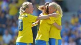 Josefine Öqvist (R) celebrates after scoring against Iceland at UEFA Women's EURO 2013