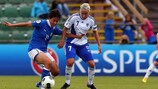 Alice Parisi (left) fends off Finland's Annika Kukkonen during the 0-0 draw on matchday one
