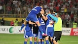 Los jugadores del Kukës celebran un gol en la UEFA Europa League