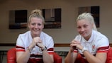 Alice Evans (left) and Lauren Price talking ahead of Wales' meeting with England