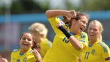 Marija Banušić celebrates scoring Sweden's opening goal at the WU19 finals in south-west Wales