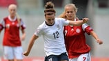 Melissa Lawley takes on Frederikke Thøgersen during England's 3-0 win against Denmark