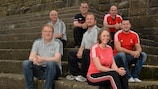 Rebecca Crockett (front) pictured with FAW colleagues near the tournament HQ in Swansea