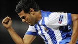 Carlos Vela celebrates the first of his two play-off goals against Lyon