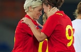Wales captain Jessica Fishlock, now a professional in the United States and Australia, congratulates Helen Ward