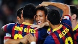 Neymar is congratulated after scoring Barcelona's first