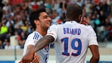 Clément Grenier and Jimmy Briand celebrate a Ligue 1 goal for Lyon