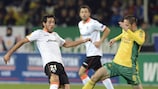 Daniel Parejo (left) in action in Valencia's 2-0 matchday two win at Kuban