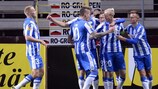 Hans Henrik Andreasen is congratulated after the first of his two goals against Elfsborg
