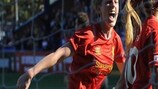 Natasha Dowie (left) celebrates Liverpool's title-clinching goal against Bristol Academy WFC scored by Louise Fors