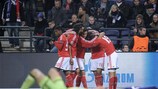 Rodrigo festeja a obtenção do terceiro golo do Benfica frente ao Anderlecht