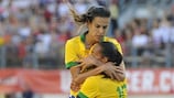 Thaisa, um dos reforços do Tyresö, comemora o golo que marcou recentemente pelo Brasil aos Estados Unidos
