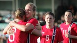 Ingrid Schjelderup and Elise Thorsnes celebrate a goal in Norway's 5-0 win in Greece