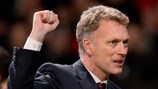 David Moyes raises a fist in delight after United's defeat of Olympiacos on Wednesday