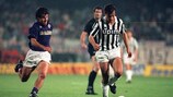 Fiorentina's Dunga chases Juventus striker Pierluigi Casiraghi in the 1990 UEFA Cup final