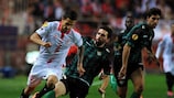 Betis defender Jordi challanges Sevilla's Vitolo during the first leg