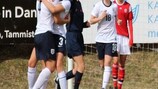 England celebrate after scoring against Denmark in the elite round