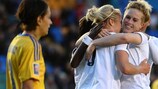 England's Natasha Dowie is congratulated after scoring against Ukraine