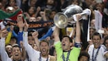 Iker Casillas lifts the UEFA Champions League trophy after Madrid's win in the 2014 final