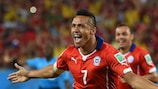 Alexis Sánchez celebrates after scoring for Chile against Australia in Brazil