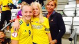 Stina Blackstenius celebrates with her mother and sister at full time