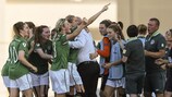 Megan Connolly is mobbed after scoring Ireland's winner