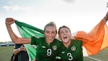 Savannah McCarthy (right) celebrates with fellow Ireland scorer Megan Connolly