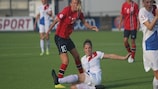 The Netherlands' Dominique Janssen gets in a challenge on Norway forward Synne Jensen