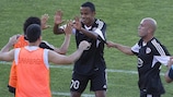Chumbinho of Qarabağ celebrates scoring the only goal of the game