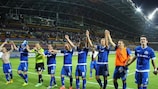 Dinamo Minsk celebrate their first-leg win against CFR