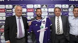 Steven Defour is unveiled by Anderlecht with chairman Roger Vanden Stock, club manager Herman Van Holsbeeck and coach Besnik Hasi