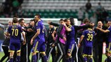 Maribor players celebrate after their play-off triumph at Celtic