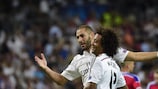 Karim Benzema and Marcelo celebrate Madrid's fifth goal against Basel