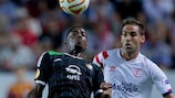 Feyenoord's Tonny Trindade de Vilhena competes with Sevilla's Fernando Navarro