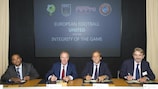 The code of conduct is signed by (left to right): Bobby Barnes (FIFPro Division Europe), Karl-Heinz Rummenigge (ECA), Michel Platini (UEFA) and Frédéric Thiriez (EPFL)