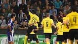 Adrián Ramos punches the air after scoring for Dortmund