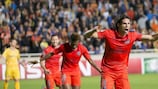 Edinson Cavani fête son but vainqueur pour Paris en fin de rencontre sur la pelouse de l'APOEL