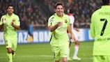 Lionel Messi celebrates scoring his and Barcelona's second goal