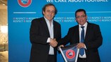 Michel Platini (left) and Israel Football Association president Ofer Eini