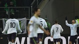 The Everton players celebrate Kevin Mirallas's clinching goal at Wolfsburg