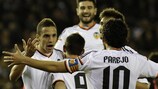 Valencia players celebrate Álvaro Negredo's winner against Almería