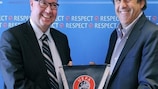 DBU president Jesper Møller (left) with UEFA President Michel Platini during his visit to Nyon