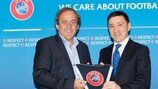 UEFA President Michel Platini and KFF president Yerlan Kozhagapanov