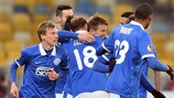 Dnipro show their delight after going ahead against Olympiacos